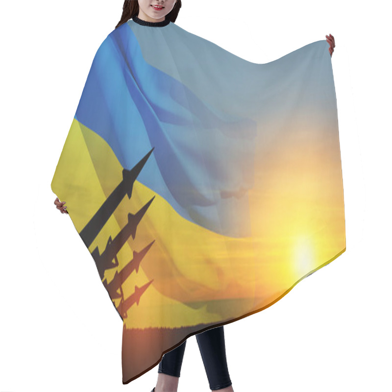 Personality  The Missiles Are Aimed At The Sky At Sunset With Ukrainian Flag. Nuclear Bomb, Chemical Weapons, Missile Defense, A System Of Salvo Fire. 3d-rendering. Hair Cutting Cape