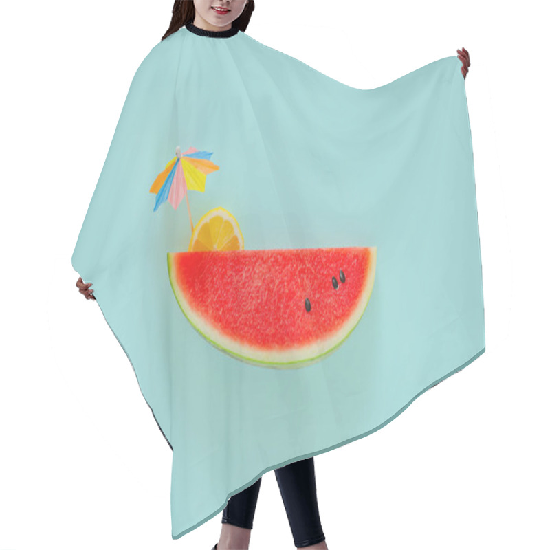 Personality  Red Watermelon With Slice Lemon And Cocktail Umbrella On Blue Background. Minimal Summer Drink Concept. Hair Cutting Cape