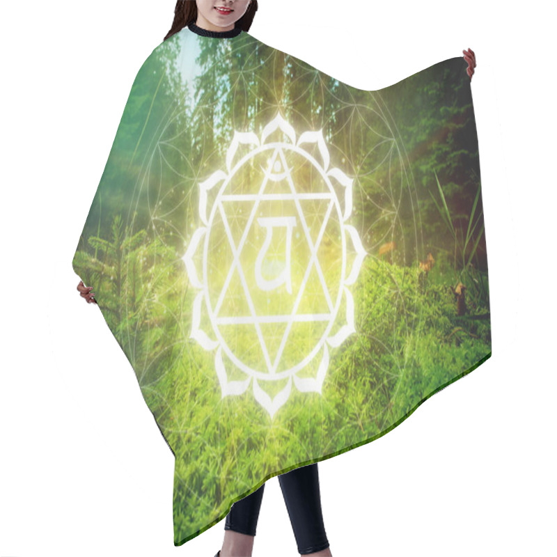 Personality  Anahata Chakra Symbol On A Green Natural Background. This Is The Fourth Chakra, Also Called The Heart Chakra Hair Cutting Cape