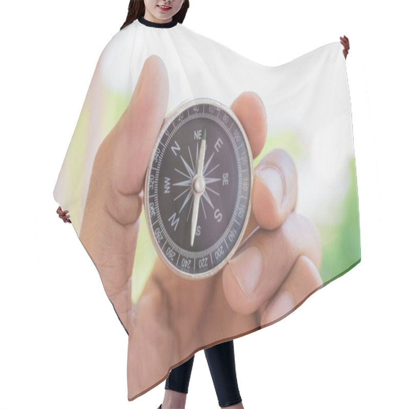 Personality  Man Holding Compass On Blurred Background. For Activity Lifestyl Hair Cutting Cape