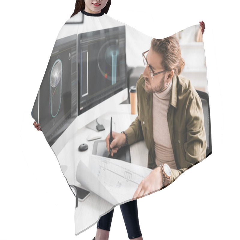 Personality  3d Artist Using Blueprint With Graphics Tablet And Computers While Working On Project Of 3d Design At Table In Office Hair Cutting Cape