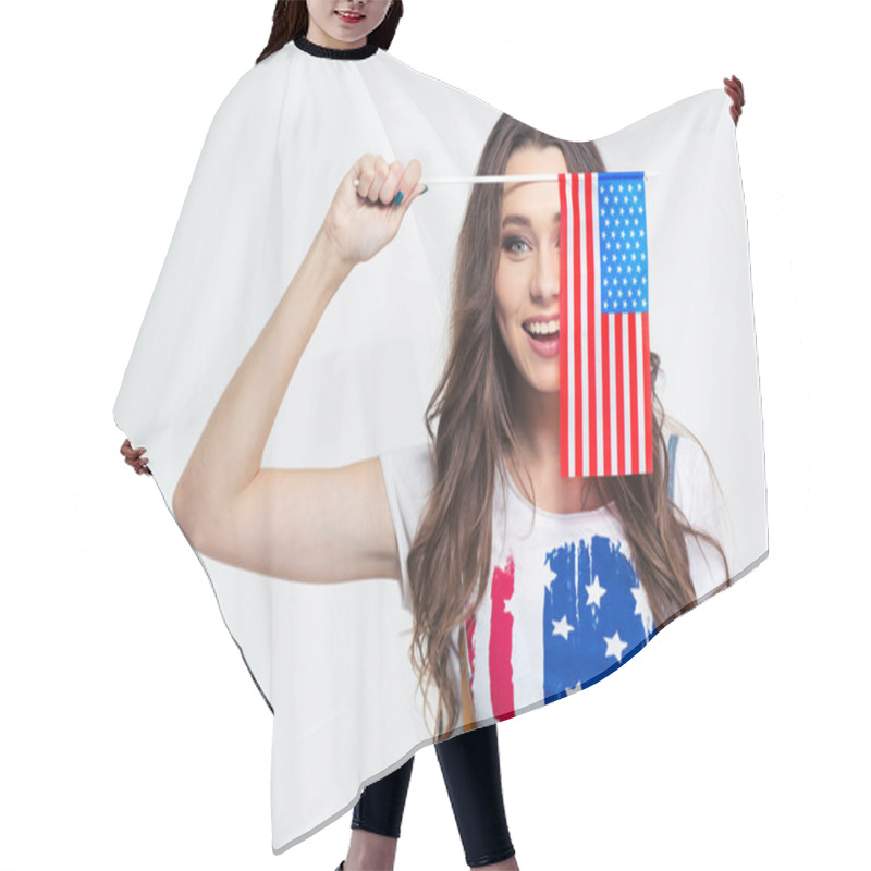 Personality  Smiling Woman Covering Her Eye With USA Flag Hair Cutting Cape