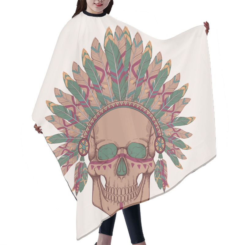 Personality  Vector Illustration Of Human Skull In Native American Indian Chief Headdress Hair Cutting Cape