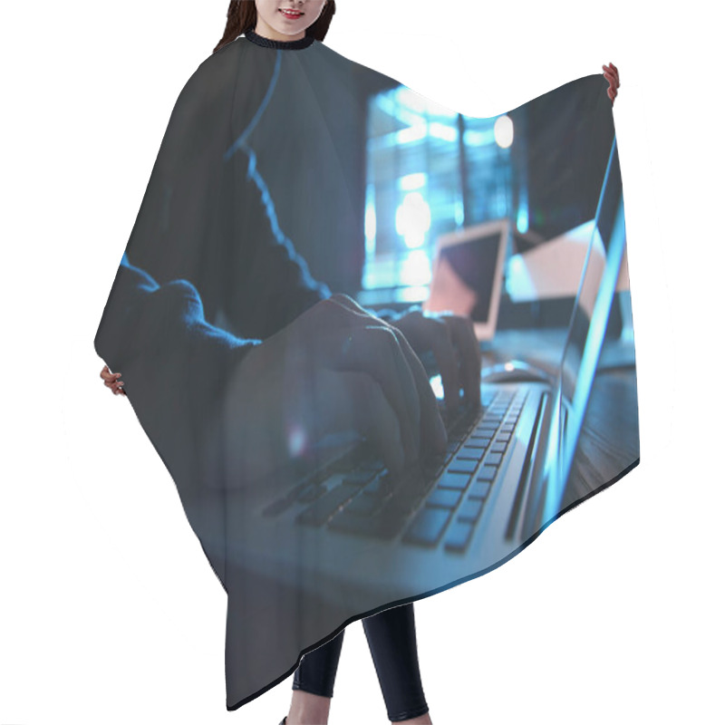 Personality  Hacker With Laptop In Dark Room, Closeup. Cyber Crime Hair Cutting Cape