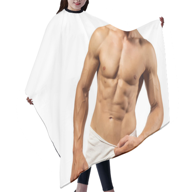 Personality  Half-naked Handsome And Muscular Young Man With Towel Around His Waist Posing On A White Background Hair Cutting Cape