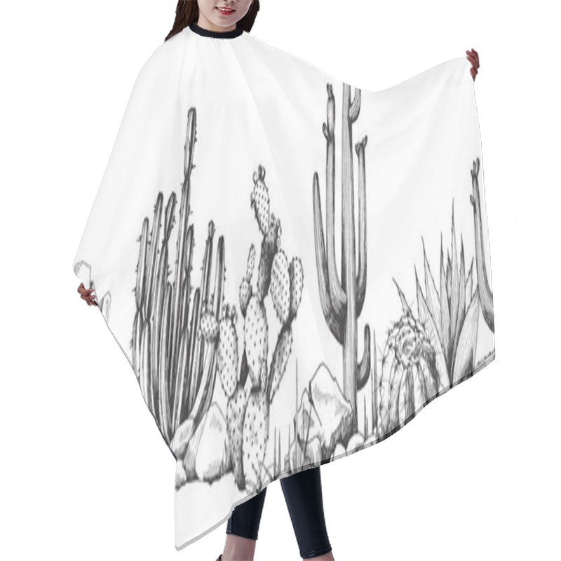 Personality  Seamless Border With Succulents And Cactuses, Engraving Vector Illustration. Hair Cutting Cape