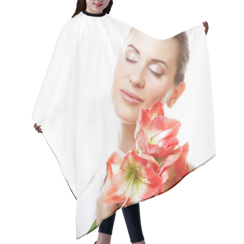 Personality  Beautiful Young Woman With Big Pink Flowers Hair Cutting Cape