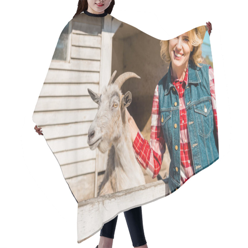 Personality  Cheerful Attractive Woman Touching Goat Near Wooden Fence At Farm Hair Cutting Cape