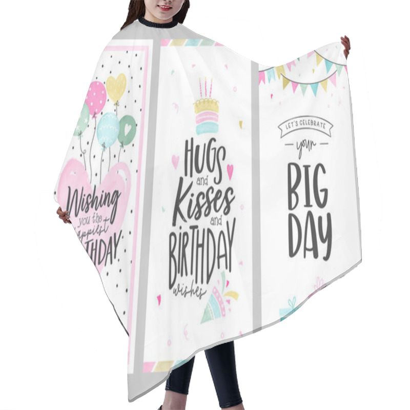 Personality  Set Of Lovely Birthday Greeting Cards With Cakes, Balloons, Gifts And Cute Typography Hair Cutting Cape