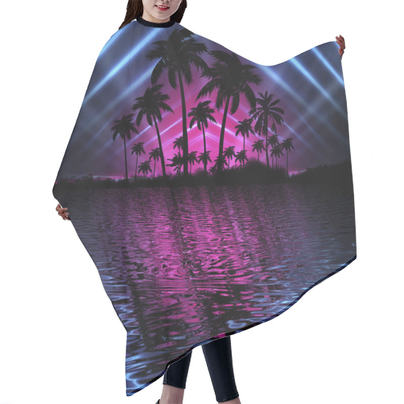 Personality  Abstract Modern Futuristic Dark Landscape With Tropical Palm Trees, Neon Lights, Rays. Reflection In The Water, Night View, Abstract Tropical Background. 3d Illustration Hair Cutting Cape