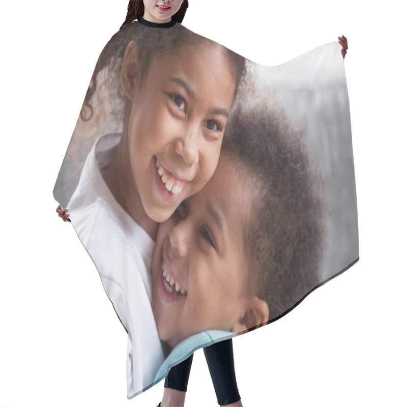 Personality  Happy African American Siblings Embracing, Sitting Together Hair Cutting Cape