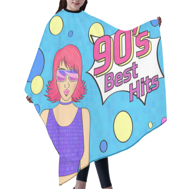 Personality  Best Hits Of 90s Illistration With Disco Woman Wearing Glasses And Pink Hair On Blue Background Hair Cutting Cape