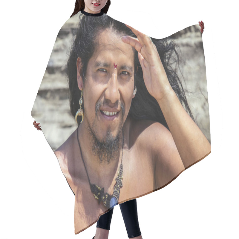 Personality  Outdoor Portrait Of Fashionable Long Hair Young Man With Bindi And Jewelry Hair Cutting Cape