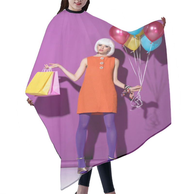 Personality  Sad Girl In White Wig Holding Shopping Bags And Air Balloons On Purple Background Hair Cutting Cape