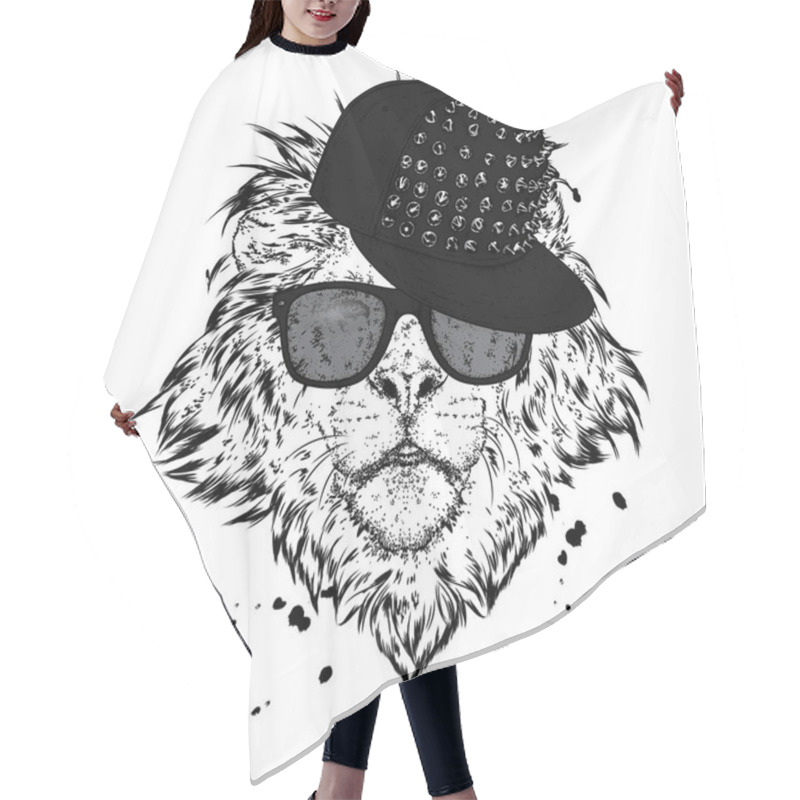 Personality  A Beautiful Lion With Glasses And A Cap With Spikes. Vector Illustration For A Postcard Or A Poster, Print For Clothes. Lion Hipster In Clothes. Fashion And Style. Hair Cutting Cape