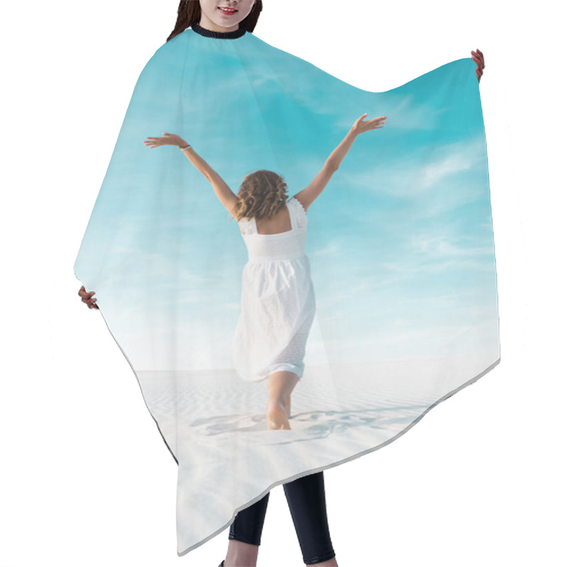 Personality  Back View Of Beautiful Girl In White Dress With Hands In Air On Sandy Beach With Blue Sky Hair Cutting Cape