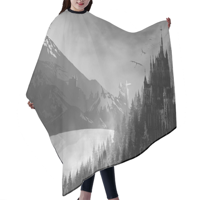 Personality  Dark, High Castle In The Mountains In The Forest, Near A Large Lake, Against A Snow Covered Rock, With A Giant In The Distance, Flying Dragons And A Gloomy Sky, The Background Landscape, Environment. Hair Cutting Cape