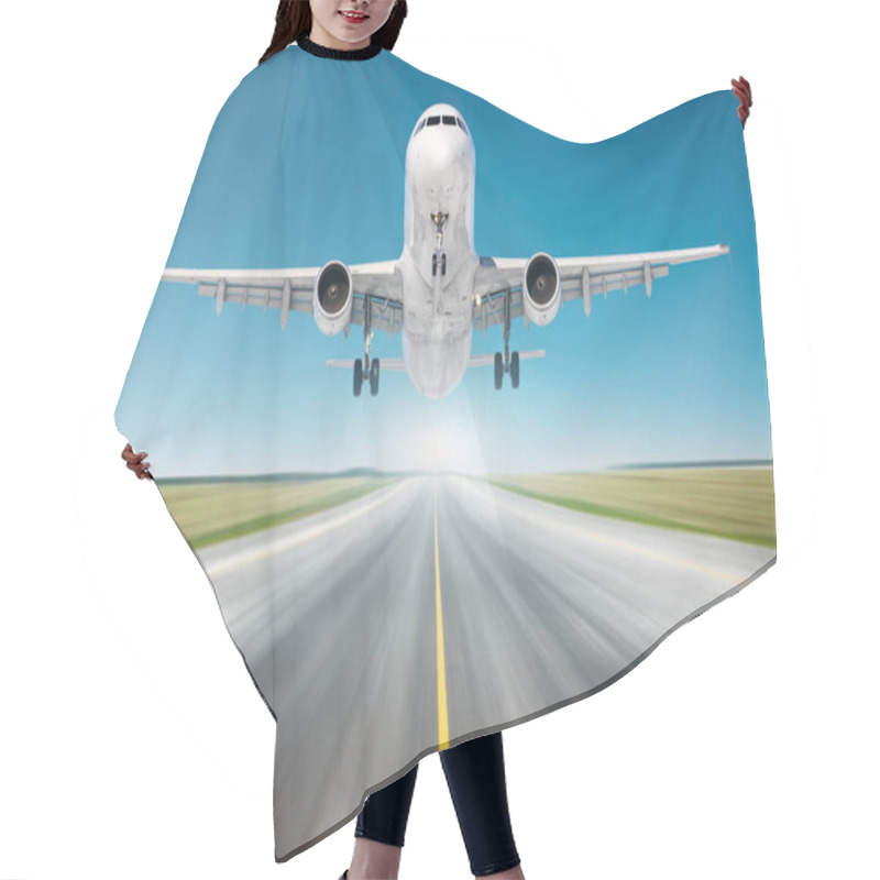 Personality  Airplane Flying Departure Landing Speed Motion On A Runway In The Clear Sky Bright Day. Hair Cutting Cape