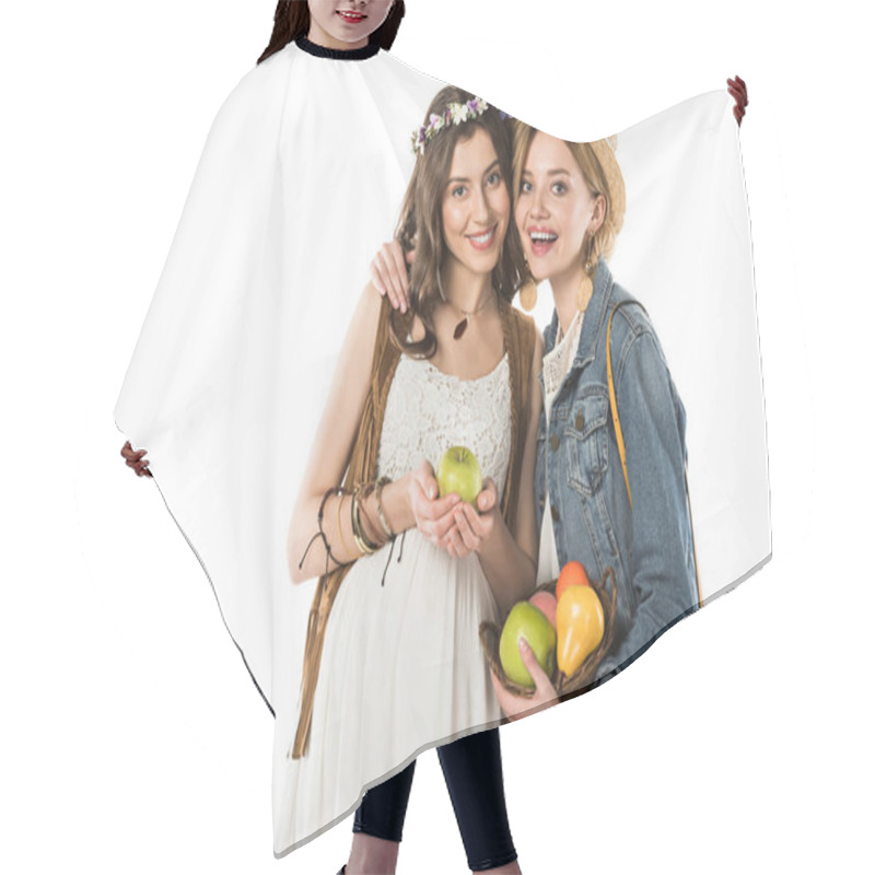 Personality  Smiling Bisexual Hippie Couple With Fruits Embracing Isolated On White Hair Cutting Cape