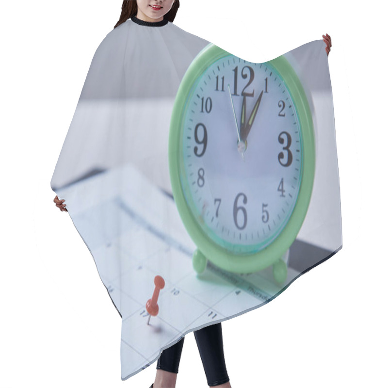 Personality  Time Management, Deadline And Schedule Concept: Alarm Clock And Pushpin On Schedule Plan Hair Cutting Cape