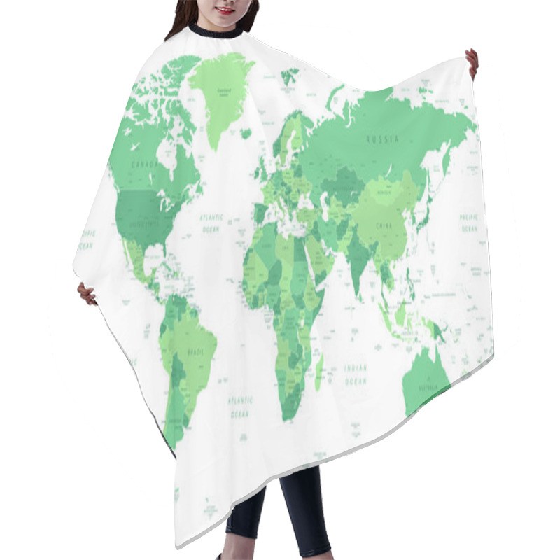 Personality  World Map. Highly Detailed Map Of The World With Detailed Borders Of All Countries With Cities, Capitals And Regions, In Green Colors. Hair Cutting Cape