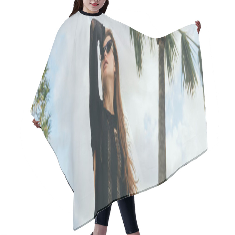 Personality  Luxury Resort, Sexy Brunette Woman With Tanned Skin In Black Knitted Dress And Sunglasses Standing Against Palm Trees And Blue Sky In Miami, Summer Getaway, Banner Hair Cutting Cape