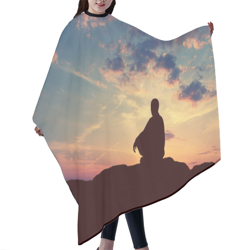 Personality  Man Meditating Pastel On High Mountain In Sunset Background. Hair Cutting Cape