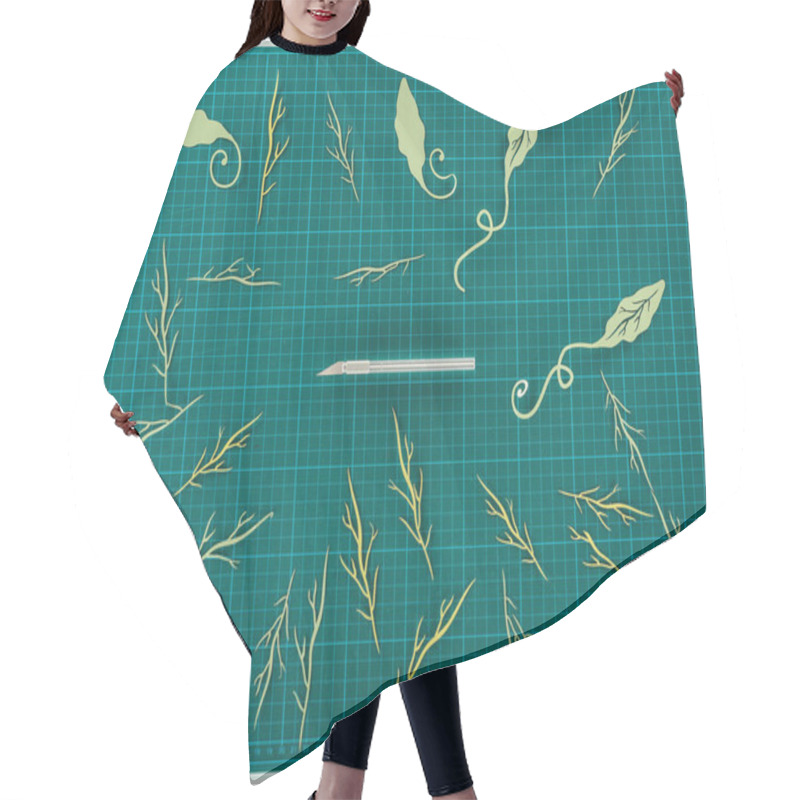 Personality  Top View Of Cut Paper Leaves And Twigs With Knife For Scrapbooking Decoration On Turquoise Scale Hair Cutting Cape