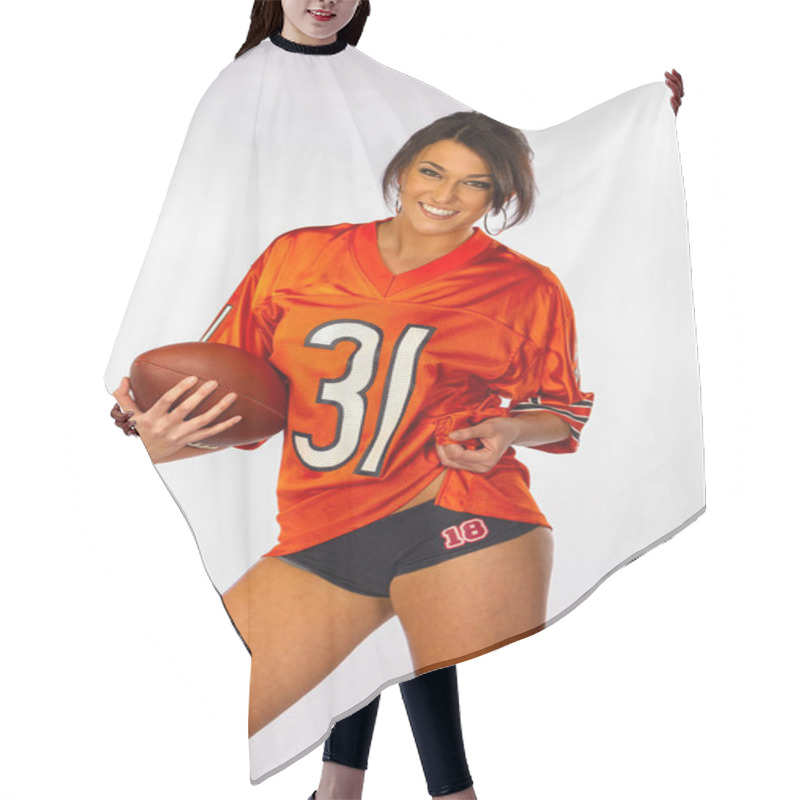 Personality  A Gorgeous, Vibrant Brunette Model Proudly Dons Her Favorite Football Jersey, Exuding Energy And Excitement As She Shows Unwavering Support For Her Team Ahead Of The Big Game. Hair Cutting Cape