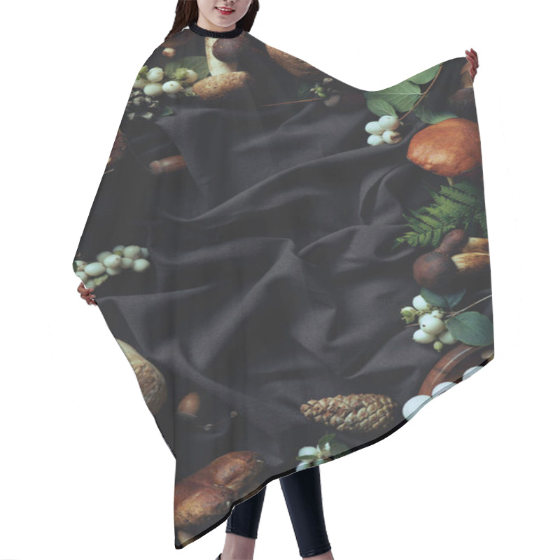 Personality  Top View Of Various Raw Edible Mushrooms On Black Fabric Hair Cutting Cape