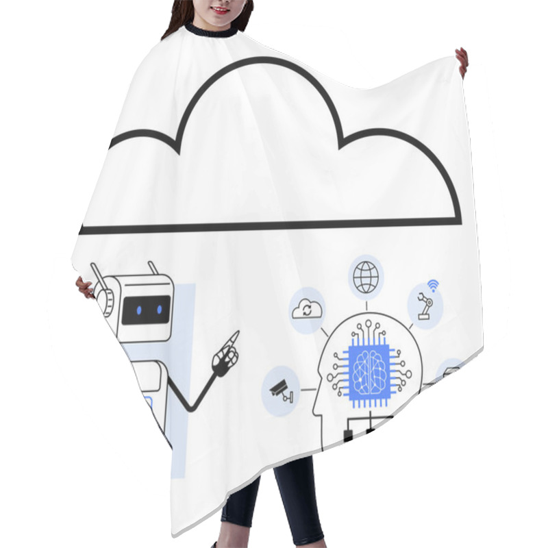 Personality  Robot Pointing At Human Brain With AI Technology Symbols. Ideal For AI, Robotics, Cloud Computing, Technology Integration, Machine Learning, Innovation, And Digital Transformation Themes. Line Hair Cutting Cape