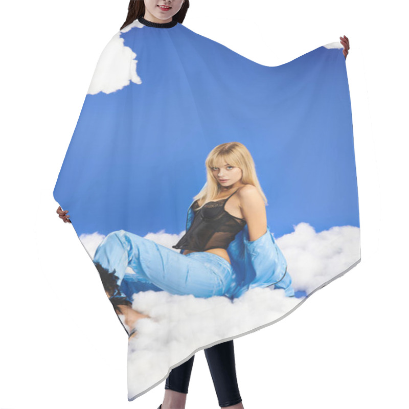 Personality  Blonde Woman In Vibrant Attire Sits Atop Fluffy Clouds In A Serene Blue Sky. Hair Cutting Cape