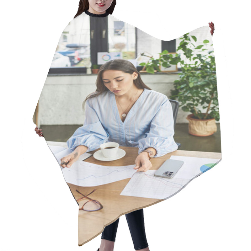 Personality  Brunette Woman Focused On Work, Examining Documents While Enjoying A Warm Cup Of Coffee Hair Cutting Cape