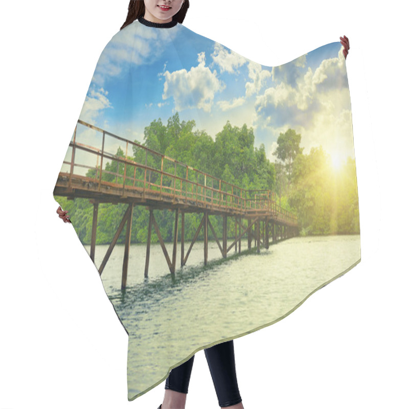 Personality  Wooden Bridge Over River. Sunrise Hair Cutting Cape