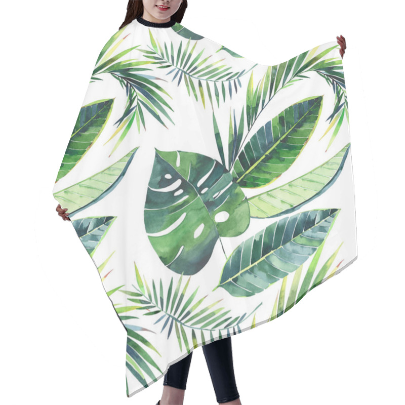 Personality  Bright Beautiful Green Herbal Tropical Wonderful Hawaii Floral Summer Pattern Of A Tropic Monstera Banana Palm Leaves Watercolor Hand Illustration. Perfect For Textile, Wallpapers, Backgrounds Hair Cutting Cape