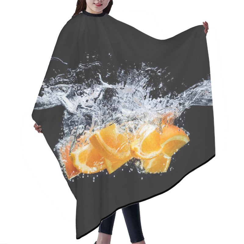 Personality  Close Up View Of Pieces Of Orange Citrus Fruit In Water Isolated On Black Hair Cutting Cape