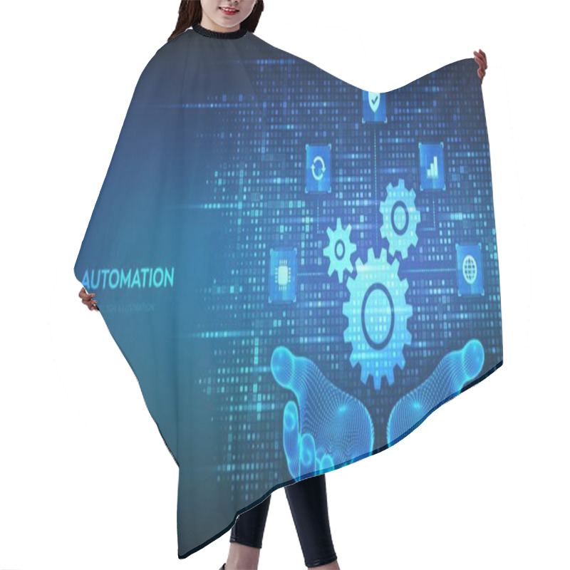 Personality  Automation Software. Gears Icon Made With Binary Code In Hands. IOT And Automation Icons Connections. Digital Binary Data And Streaming Digital Code. Background With Digits 1.0. Vector Illustration Hair Cutting Cape