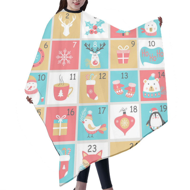 Personality  Christmas Advent Calendar With Hand Drawn Elements. Xmas Poster. Hair Cutting Cape