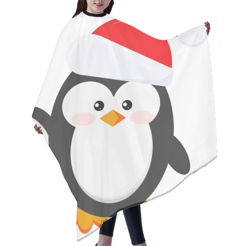 Personality  Flat Cute And Funny Winter Penguin In Santa Claus Red Christmas Hat With Fur And Pompom Isolated On White Background. Hair Cutting Cape