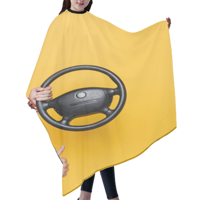 Personality  Cropped View Of Middle Aged Man Holding Steering Wheel And Showing Like On Yellow Hair Cutting Cape