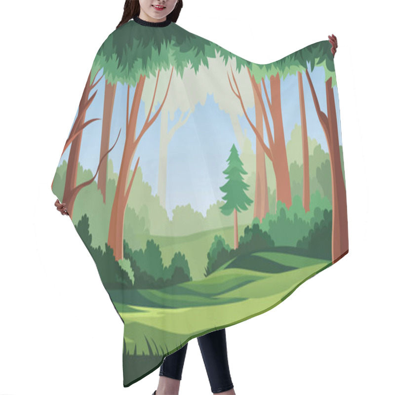 Personality  A Serene Forest Landscape. Tall Trees With Reddish-brown Trunks And Green Foliage Dominate The Scene. The Ground Is Covered In Lush Green Grass Hair Cutting Cape