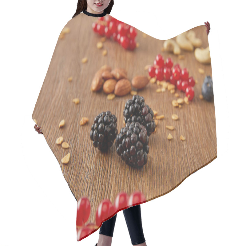 Personality  Selective Focus Of Redcurrants, Blackberries, Cashews, Almonds, Walnuts On Wooden Background Hair Cutting Cape