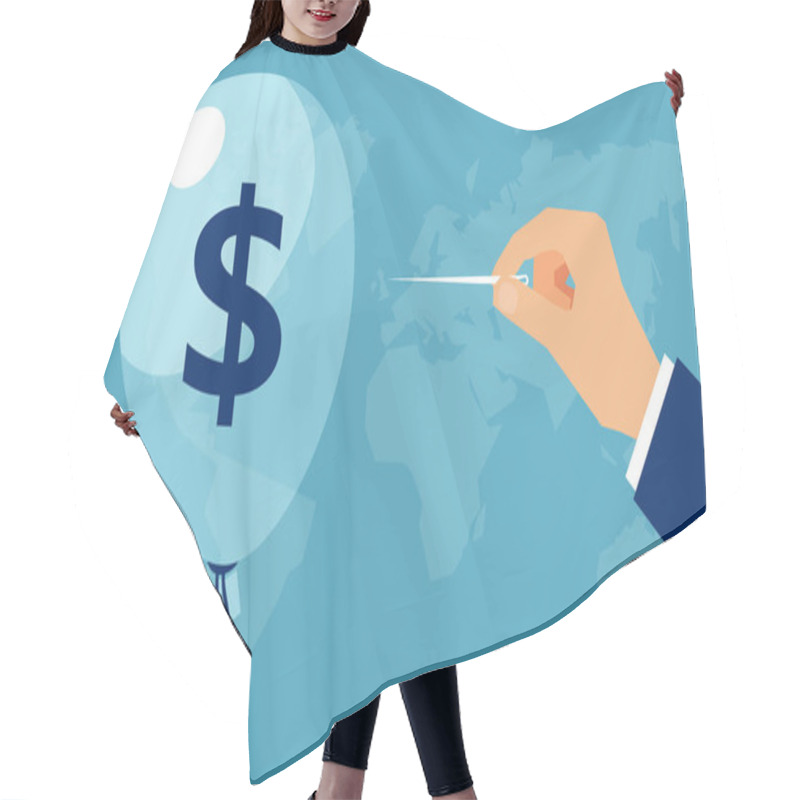 Personality  Vector Of A Hand With Needle Pierces The Balloon With Dollar Sign. Concept Financial Crisis, Bankruptcy, Income Loss  Hair Cutting Cape