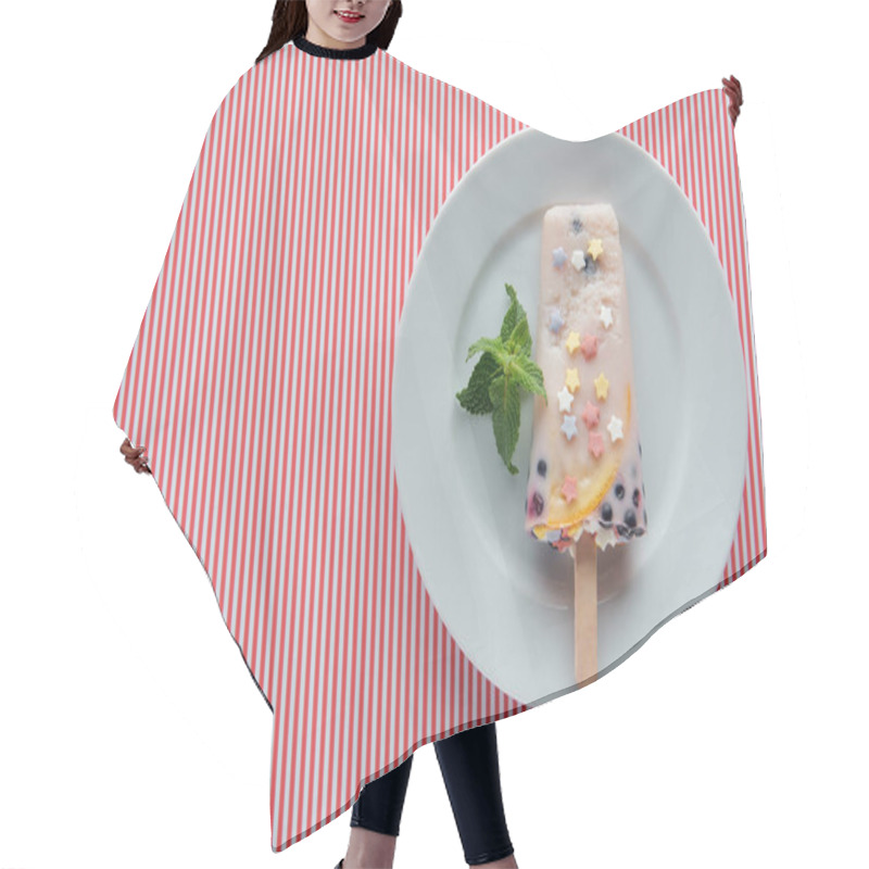 Personality  Top View Of Delicious Homemade Popsicle With Mint On Plate On Striped Background Hair Cutting Cape