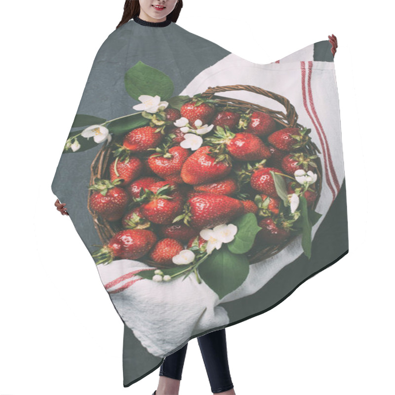 Personality  Fresh Ripe Strawberries And Beautiful Jasmine Flowers In Basket On Black Hair Cutting Cape