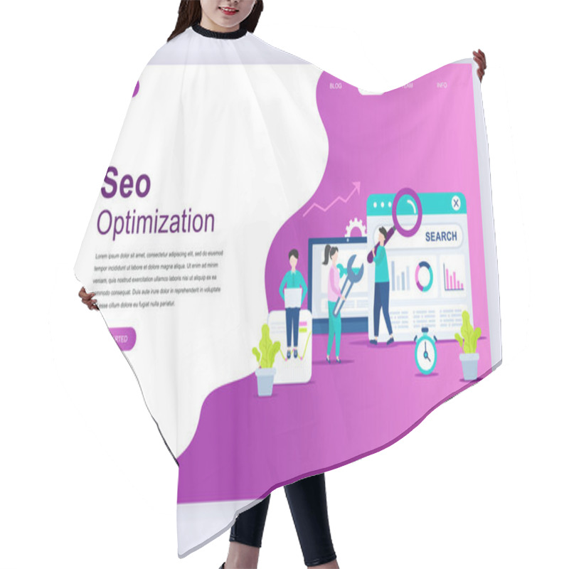 Personality  Modern Flat Design Concept Of SEO Analysis For Website And Mobile Website Development. Landing Page Template. Search Engine Optimization, Strategies And Marketing. Vector Illustration. Hair Cutting Cape