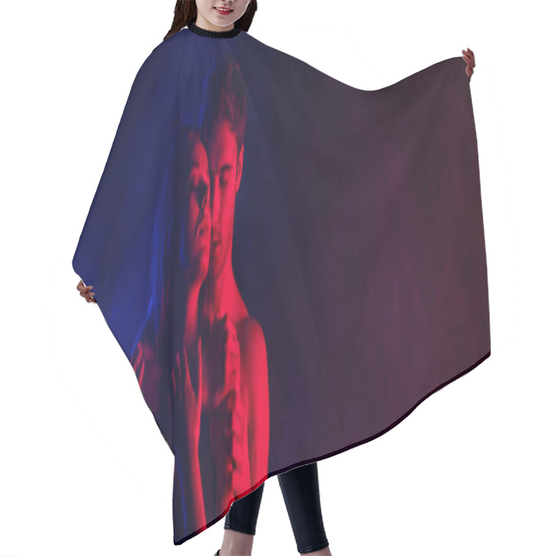 Personality  Passionate Undressed Sexy Young Couple Hugging In Red Light, Panoramic Shot Hair Cutting Cape