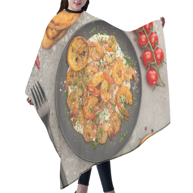 Personality  Top View Of Fried Shrimps In Sauce With Dill And Lemon Near Cutlery, Cherry Tomatoes And Toasts On Grey Concrete Background Hair Cutting Cape