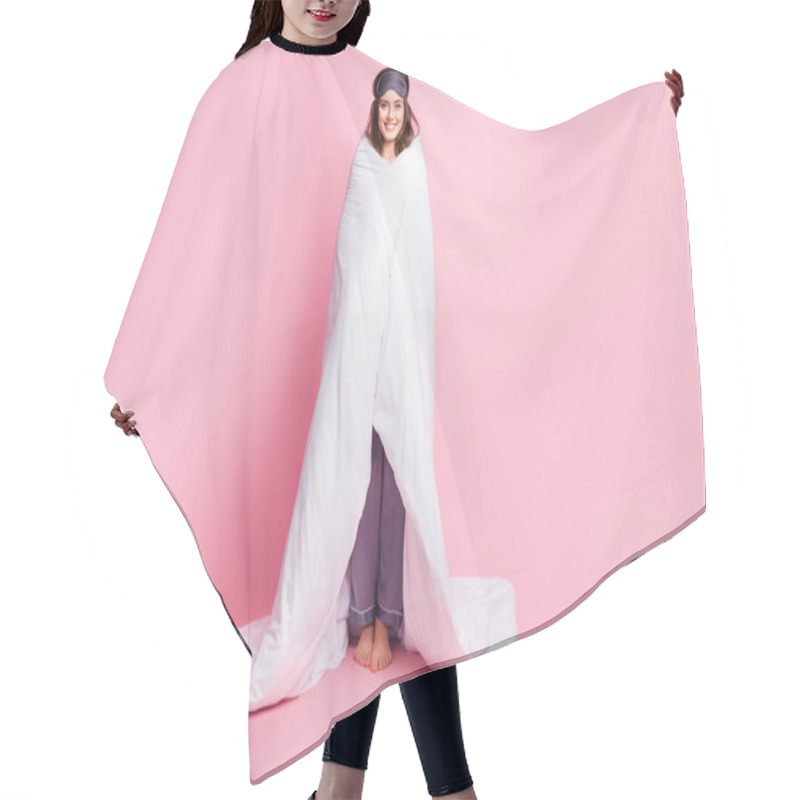 Personality  Photo Portrait Full Body View Of Girl Covered In Bed Sheets Isolated On Pastel Pink Colored Background Hair Cutting Cape