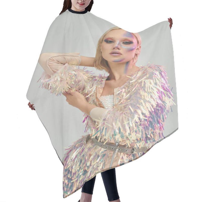 Personality  A Stylish Young Woman Showcases Vibrant Holographic Attire And Captivating Makeup. Hair Cutting Cape